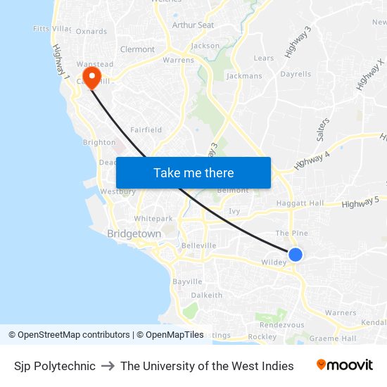 Sjp Polytechnic to The University of the West Indies map