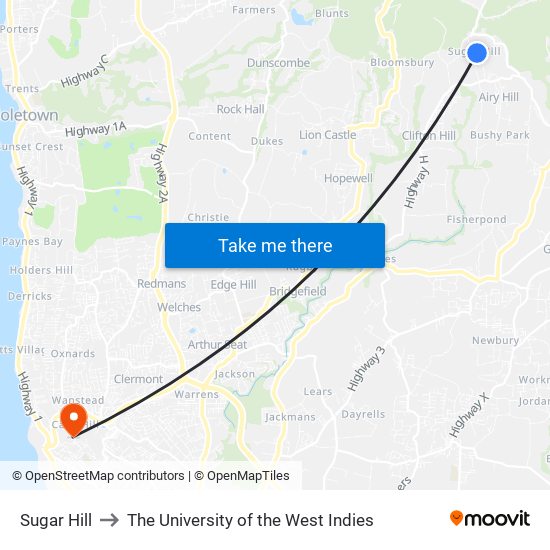 Sugar Hill to The University of the West Indies map