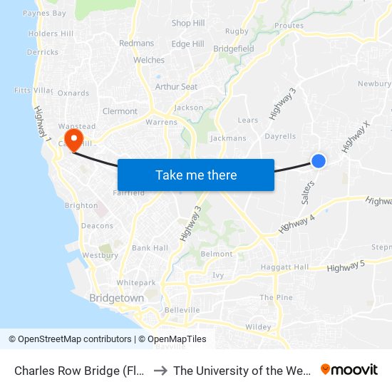 Charles Row Bridge (Flat Rock) to The University of the West Indies map