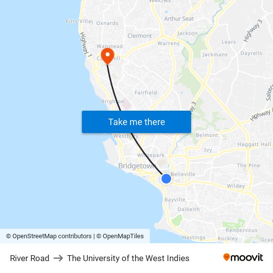 River Road to The University of the West Indies map