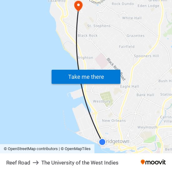 Reef Road to The University of the West Indies map