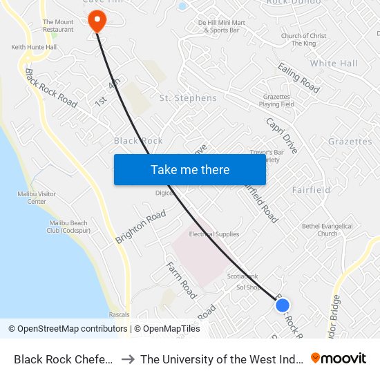 Black Rock Chefette to The University of the West Indies map