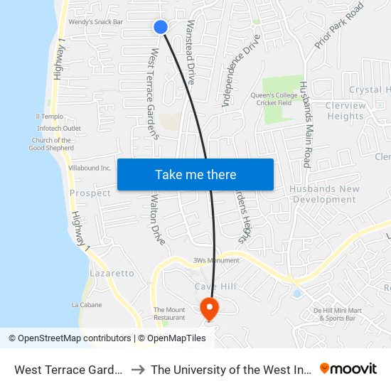 West Terrace Gardens to The University of the West Indies map