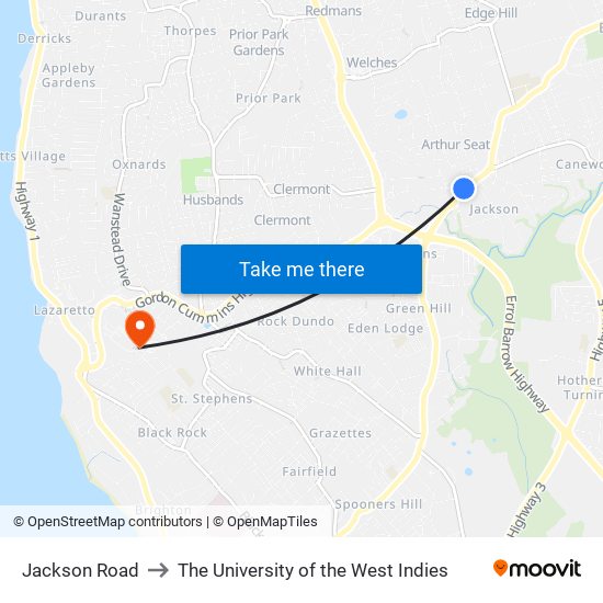 Jackson Road to The University of the West Indies map