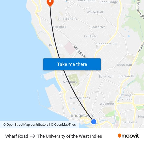 Wharf Road to The University of the West Indies map