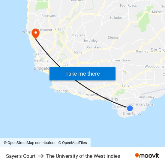 Sayer's Court to The University of the West Indies map