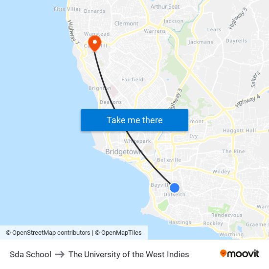 Sda School to The University of the West Indies map