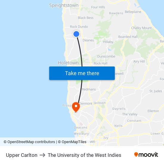 Upper Carlton to The University of the West Indies map