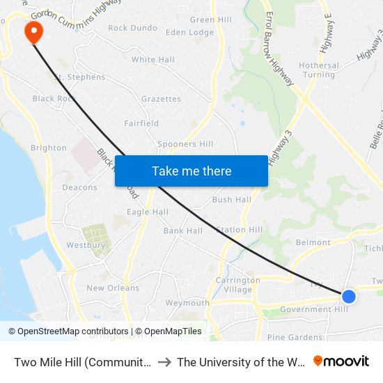 Two Mile Hill (Community College) to The University of the West Indies map
