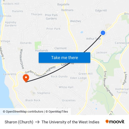 Sharon (Church) to The University of the West Indies map