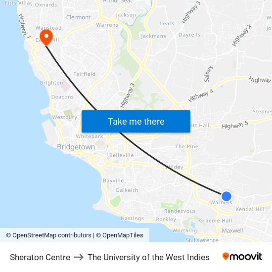 Sheraton Centre to The University of the West Indies map
