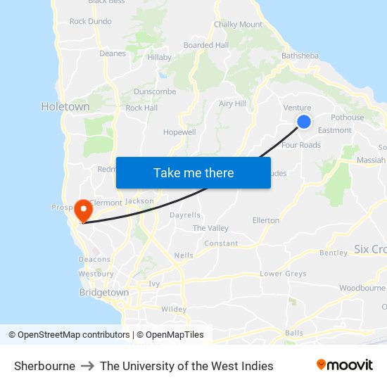 Sherbourne to The University of the West Indies map