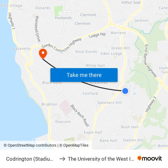 Codrington (Stadium Rd) to The University of the West Indies map