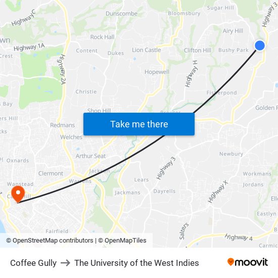 Coffee Gully to The University of the West Indies map