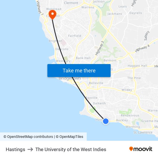 Hastings to The University of the West Indies map