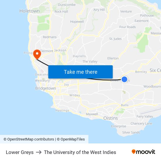 Lower Greys to The University of the West Indies map