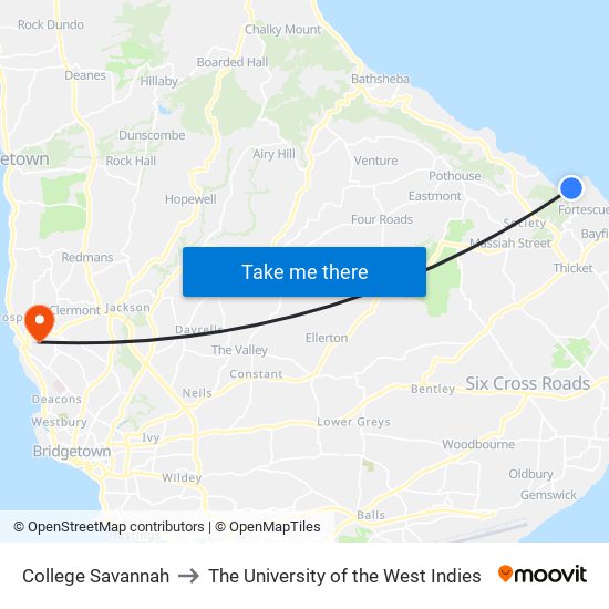 College Savannah to The University of the West Indies map
