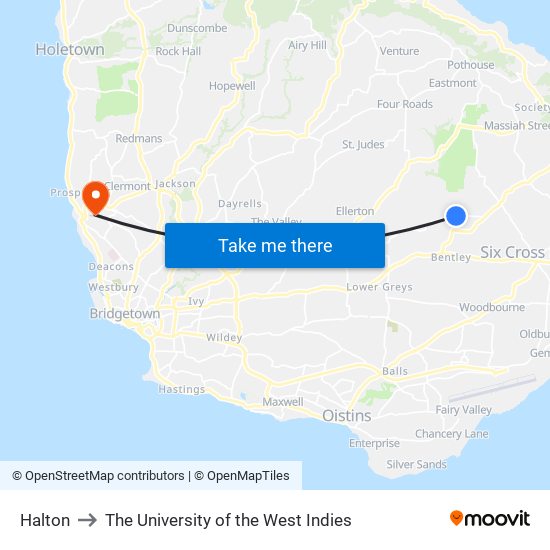 Halton to The University of the West Indies map