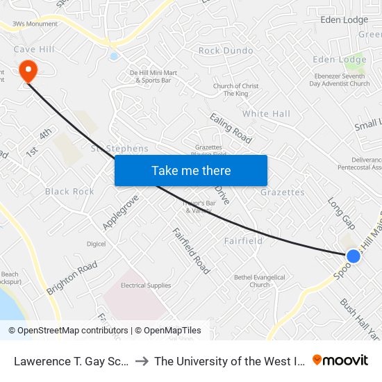 Lawerence T. Gay School to The University of the West Indies map