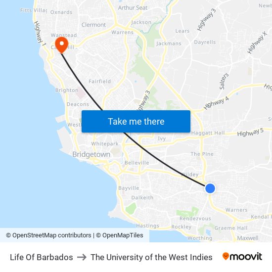 Life Of Barbados to The University of the West Indies map