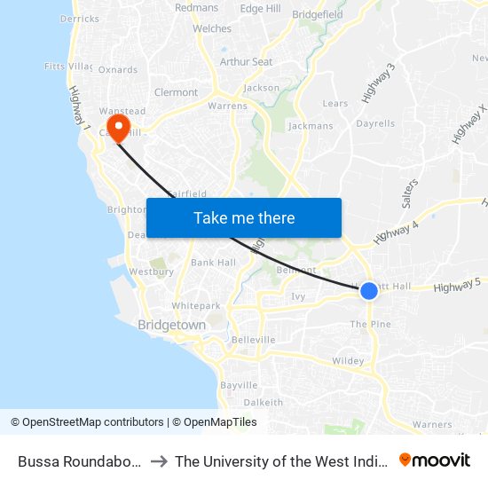 Bussa Roundabout to The University of the West Indies map