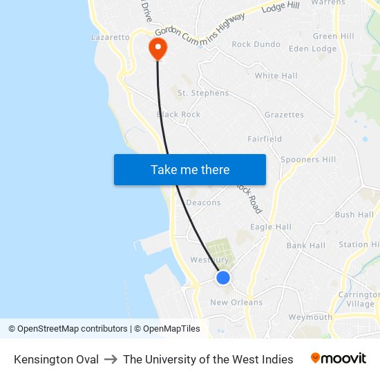 Kensington Oval to The University of the West Indies map