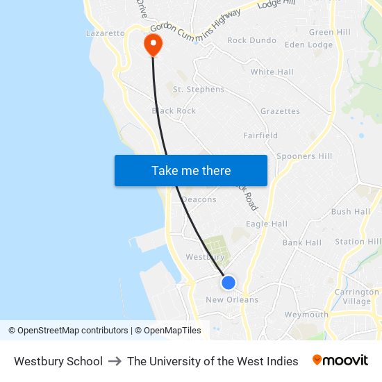 Westbury School to The University of the West Indies map