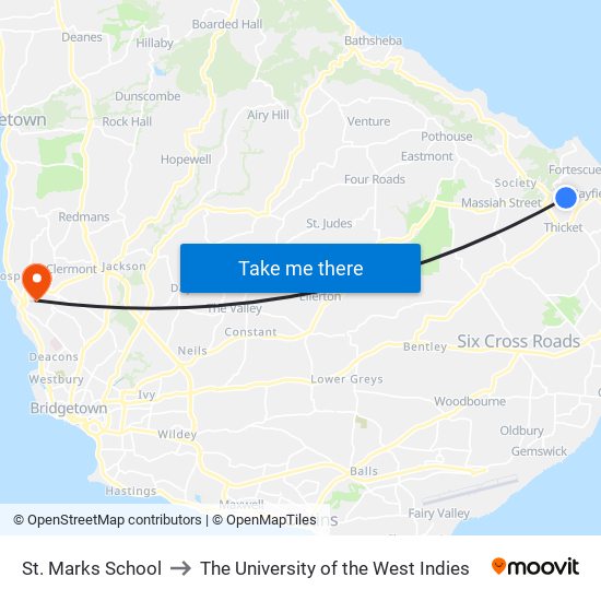 St. Marks School to The University of the West Indies map