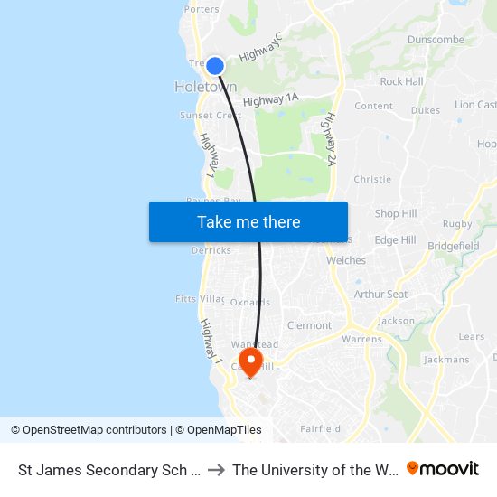 St James Secondary Sch (Morgans) to The University of the West Indies map