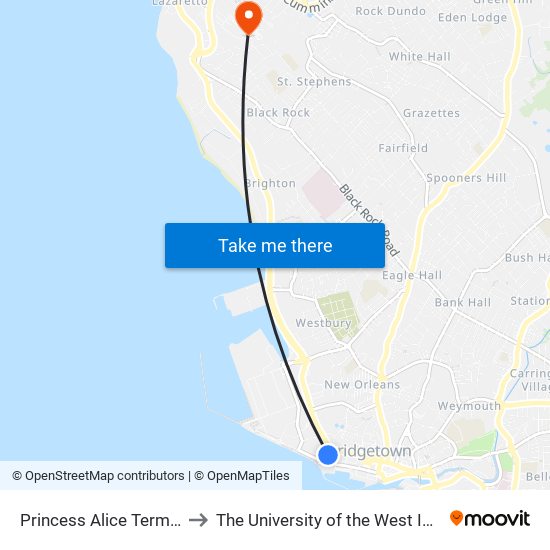 Princess Alice Terminal to The University of the West Indies map