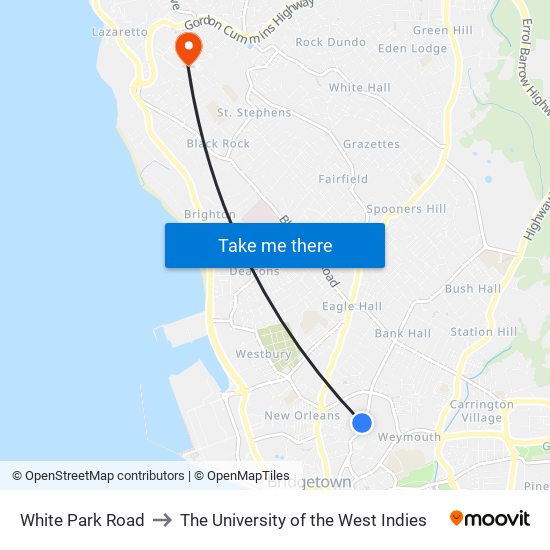 White Park Road to The University of the West Indies map