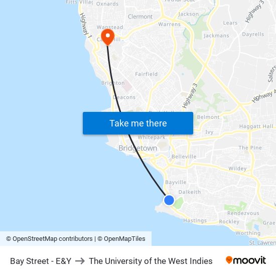Bay Street - E&Y to The University of the West Indies map