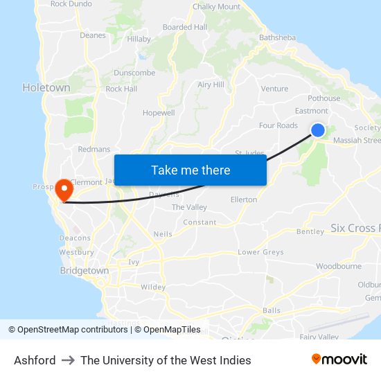 Ashford to The University of the West Indies map