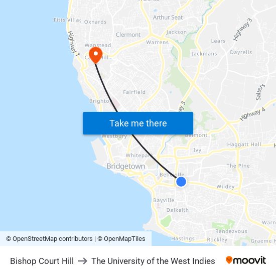 Bishop Court Hill to The University of the West Indies map