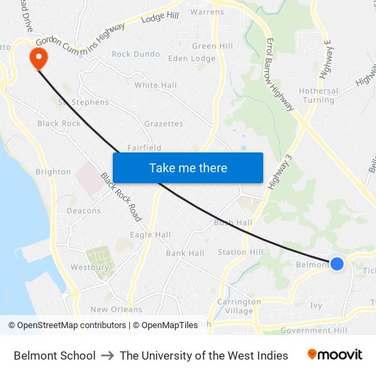 Belmont School to The University of the West Indies map