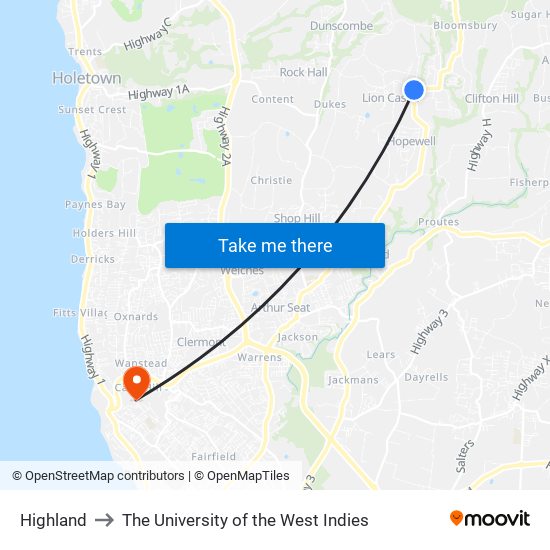 Highland to The University of the West Indies map