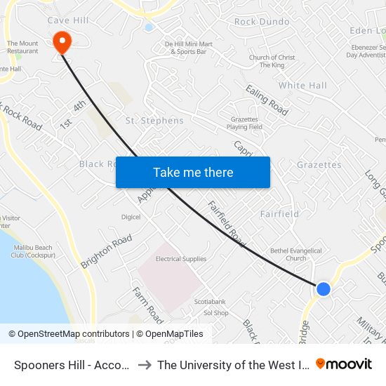 Spooners Hill - Accom Rd to The University of the West Indies map