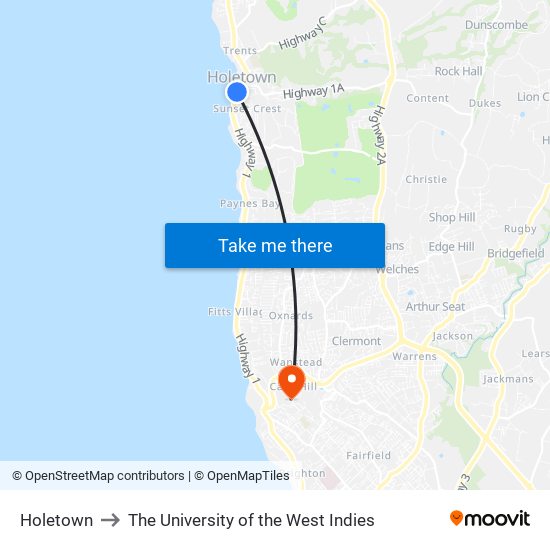 Holetown to The University of the West Indies map