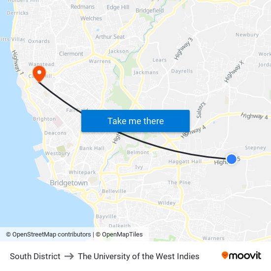 South District to The University of the West Indies map