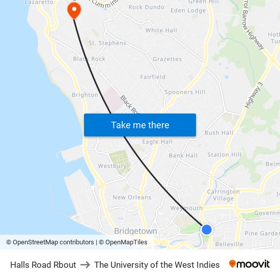 Halls Road Rbout to The University of the West Indies map
