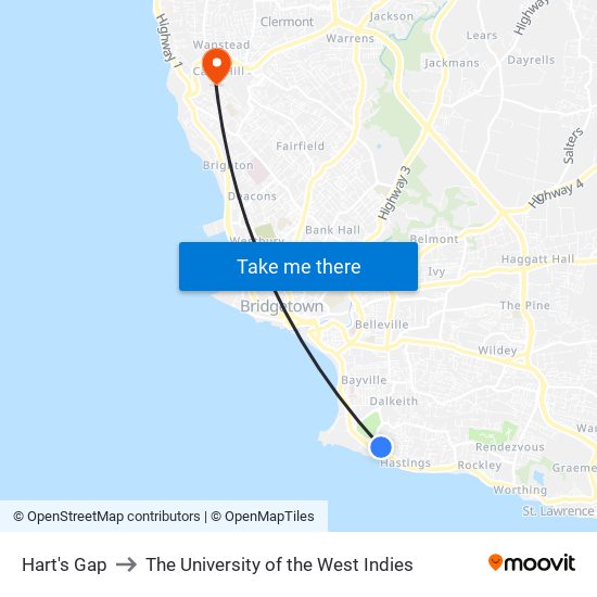 Hart's Gap to The University of the West Indies map