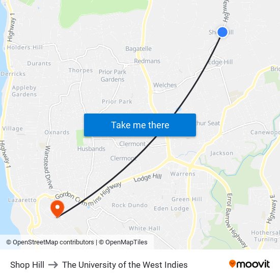 Shop Hill to The University of the West Indies map