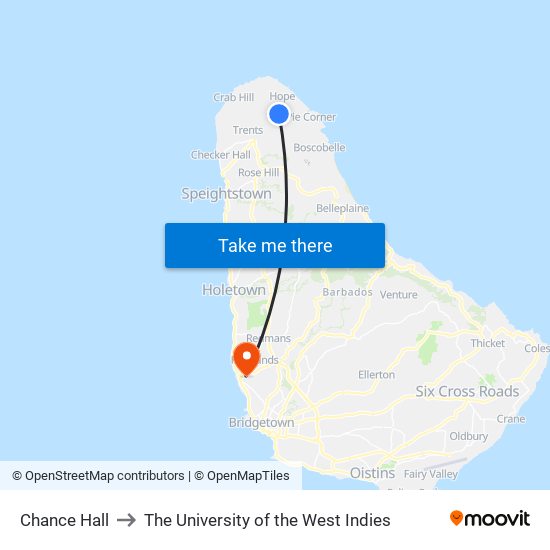 Chance Hall to The University of the West Indies map