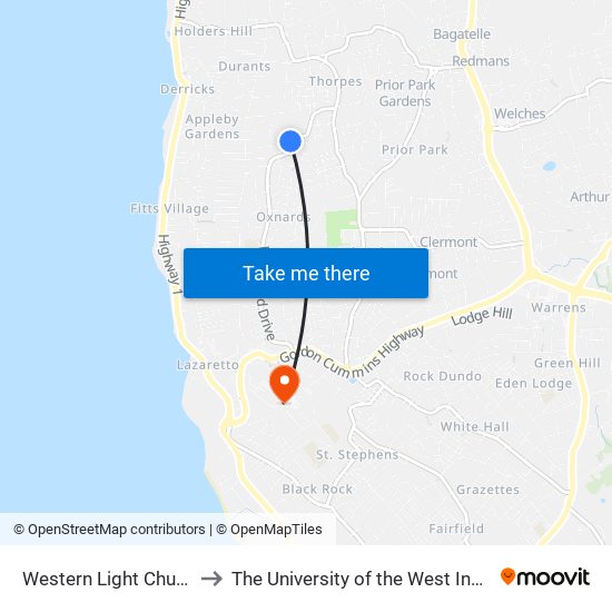 Western Light Church to The University of the West Indies map