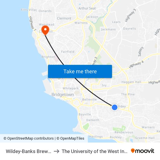 Wildey-Banks Brewery to The University of the West Indies map
