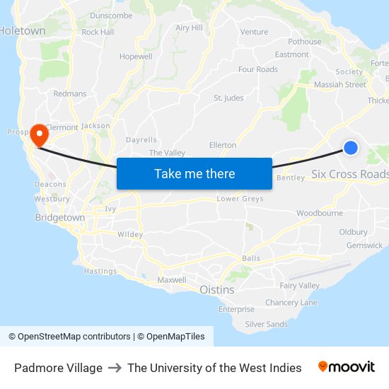 Padmore Village to The University of the West Indies map