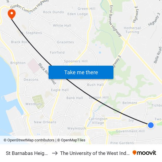 St Barnabas Heights to The University of the West Indies map