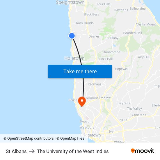 St Albans to The University of the West Indies map