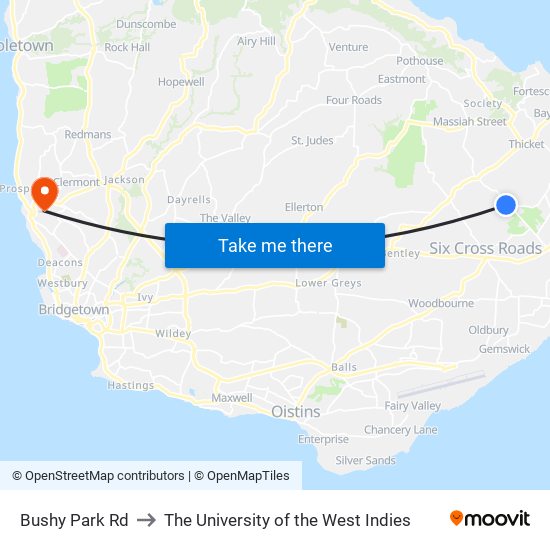 Bushy Park Rd to The University of the West Indies map