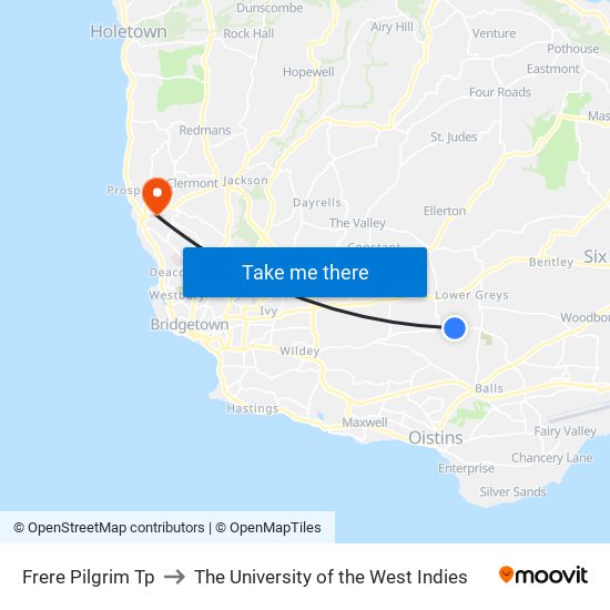 Frere Pilgrim Tp to The University of the West Indies map